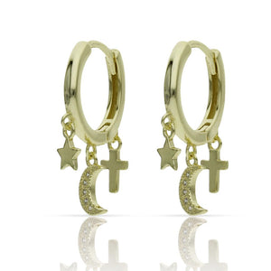 AROS PLATA CHAPADA ORO ESTRELLA + LUNA + CRUZ - 5MM
