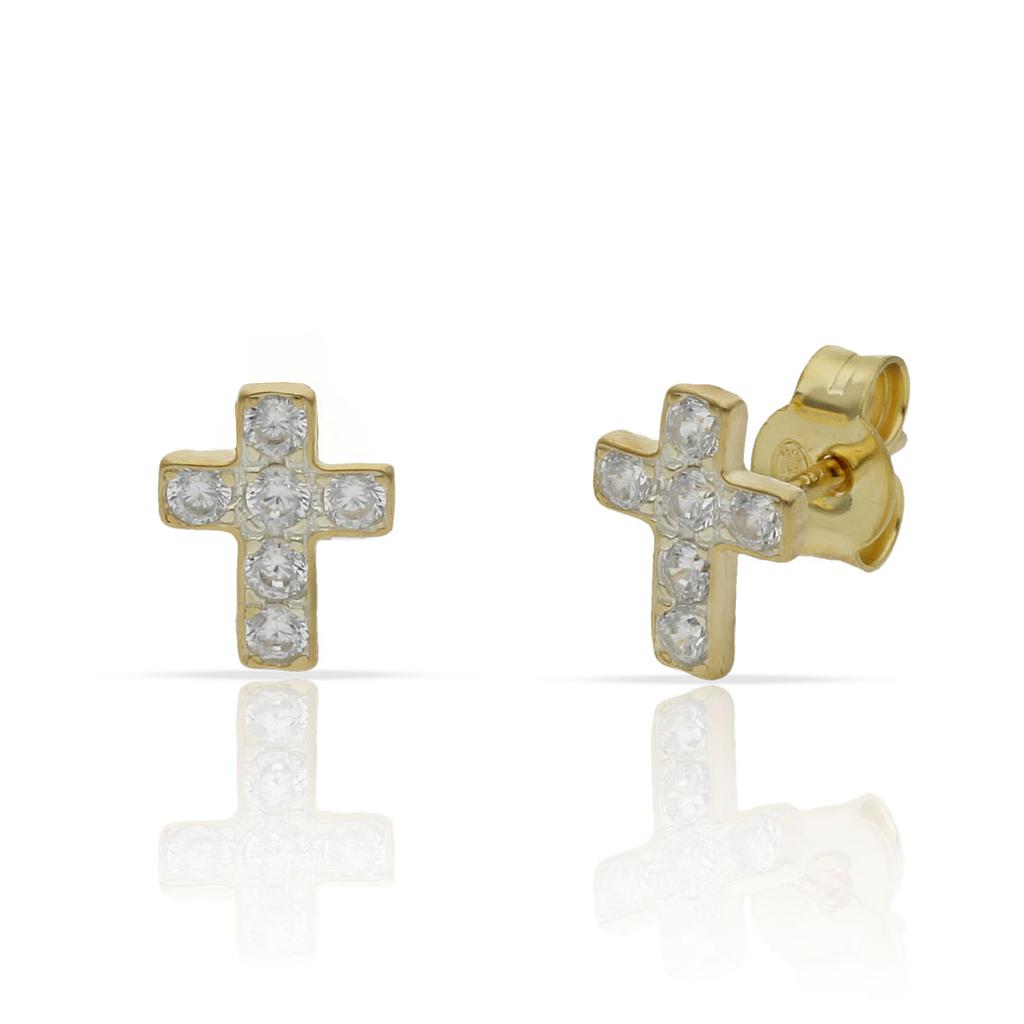 PENDIENTES PLATA CHAPADA ORO CRUZ CIRCONITAS - 6.50X8MM