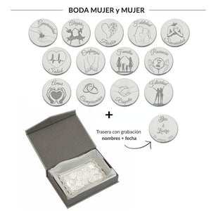 ARRAS PERSONALIZADAS BODA MUJER + MUJER · PLATA DE LEY + BANDEJA + ESTUCHE