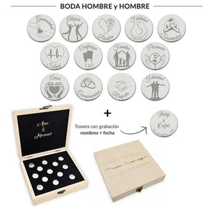 ARRAS PERSONALIZADAS BODA HOMBRE + HOMBRE · PLATA DE LEY + ESTUCHE MADERA