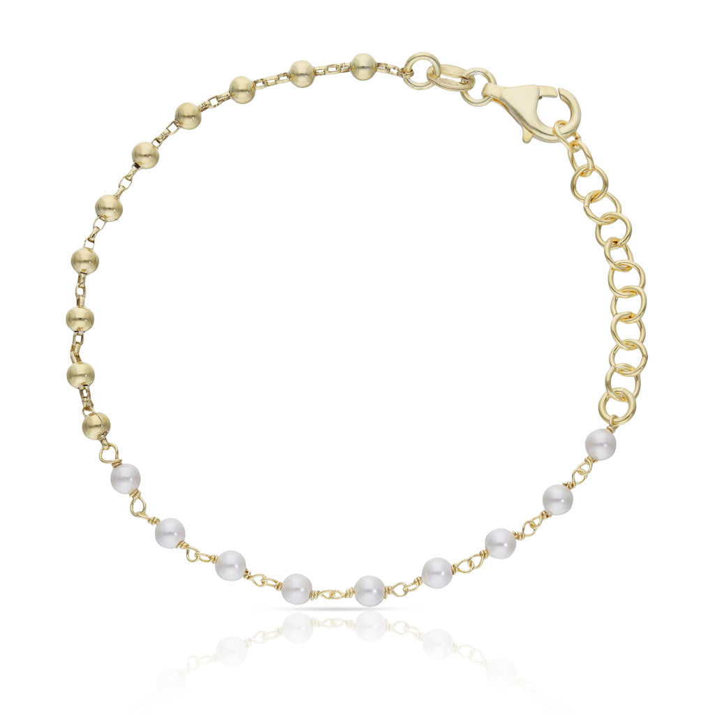 PULSERA PLATA CHAPADA EN ORO BOLAS + PERLAS