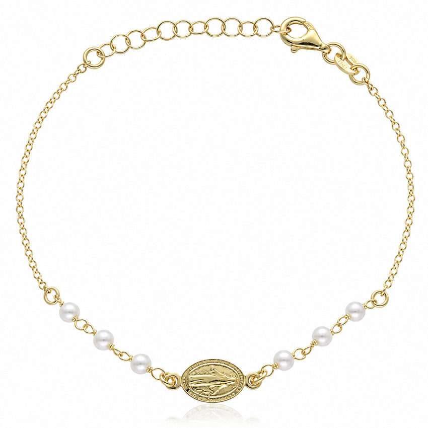 PULSERA PLATA CHAPADA EN ORO V. MILAGROSA + PERLAS