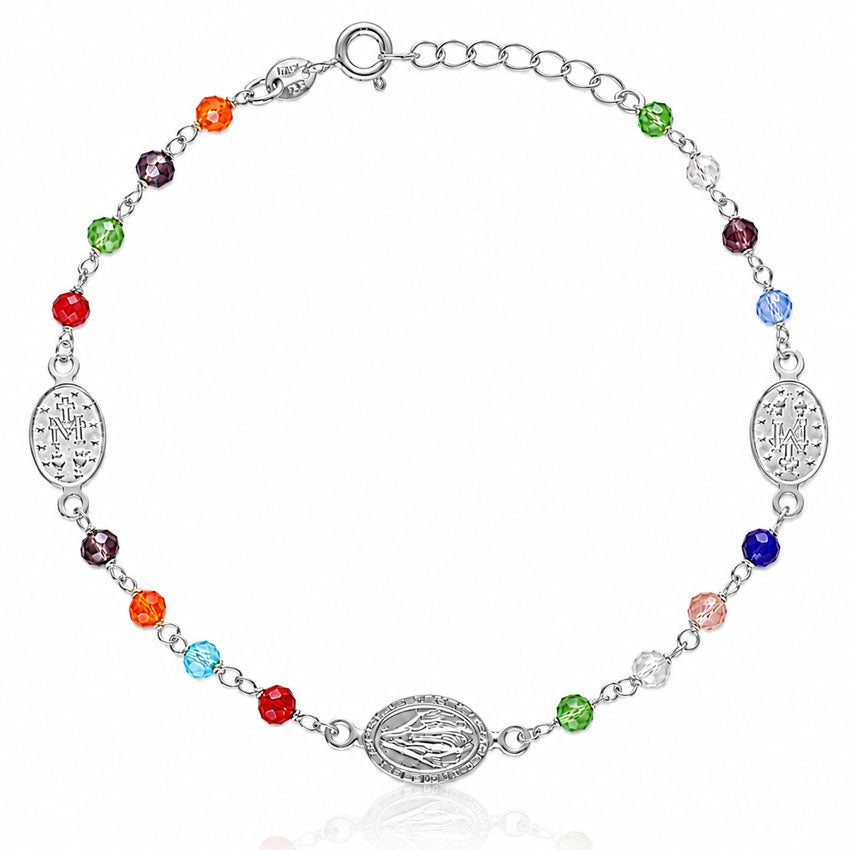PULSERA PLATA 925MM VIRGEN MILAGROSA + PIEDRAS COLORES