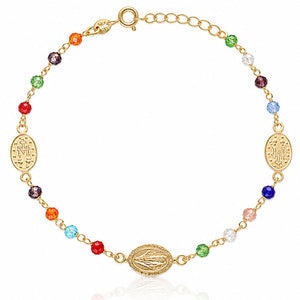 PULSERA PLATA CHAPADA EN ORO VIRGEN MILAGROSA + PIEDRAS COLORES