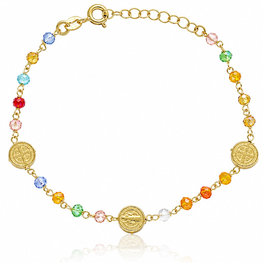 PULSERA PLATA CHAPADA EN ORO SAN BENITO 8MM + PIEDRAS COLORES