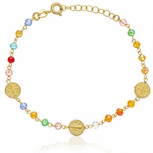 PULSERA PLATA CHAPADA EN ORO SAN BENITO 8MM + PIEDRAS COLORES
