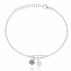 PULSERA PLATA 925MM IMPERDIBLE + MANO FATIMA + OJO TURCO