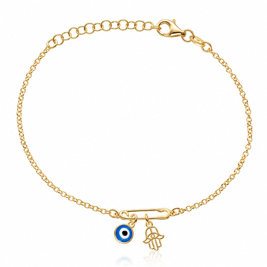 PULSERA PLATA CHAPADA EN ORO IMPERDIBLE + MANO FATIMA + OJO TURCO