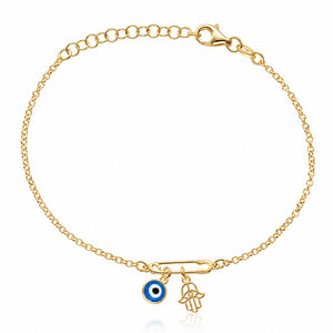 PULSERA PLATA CHAPADA EN ORO IMPERDIBLE + MANO FATIMA + OJO TURCO