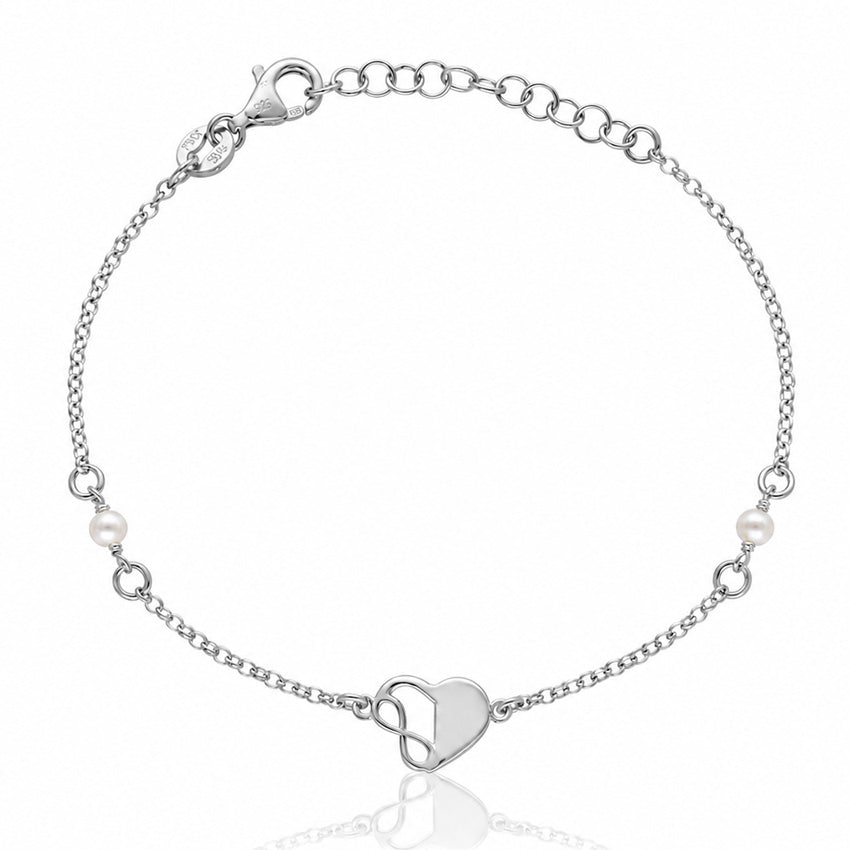 PULSERA PLATA 925MM CORAZON + INFINITO + PERLAS