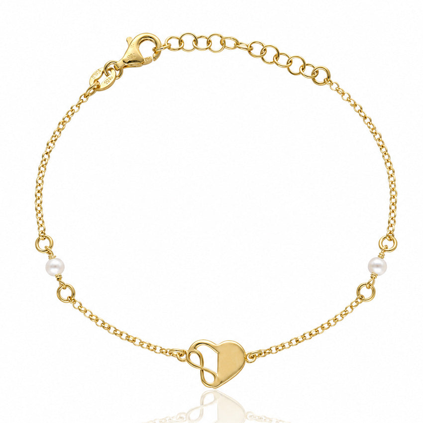 PULSERA PLATA CHAPADA EN ORO CORAZON + INFINITO + PERLAS