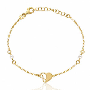 PULSERA PLATA CHAPADA EN ORO CORAZON + INFINITO + PERLAS