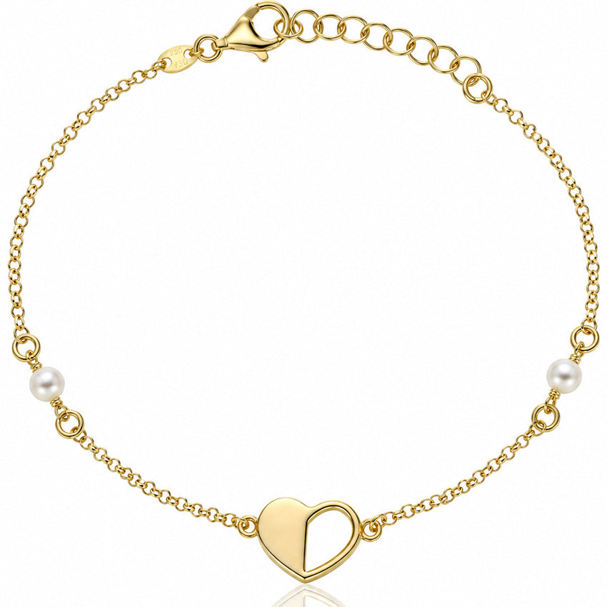 PULSERA PLATA CHAPADA EN ORO CORAZON + PERLAS
