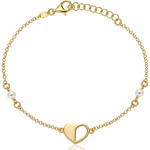 PULSERA PLATA CHAPADA EN ORO CORAZON + PERLAS