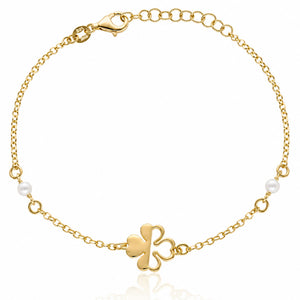 PULSERA PLATA CHAPADA EN ORO TREBOL + PERLAS
