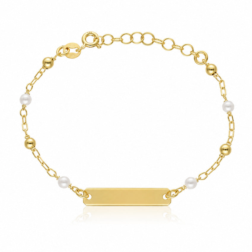 PULSERA BEBE PLATA CHAPADA EN ORO BOLAS + PERLAS