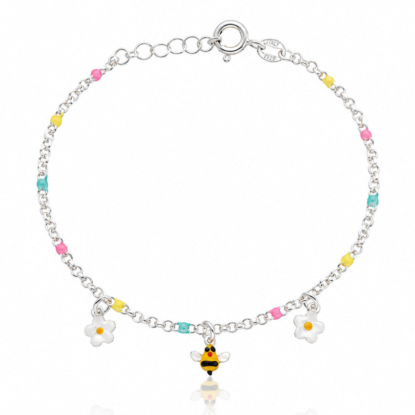 PULSERA NIÑA PLATA 925MM MARGARITAS + ABEJA + BOLAS ESMALTADAS