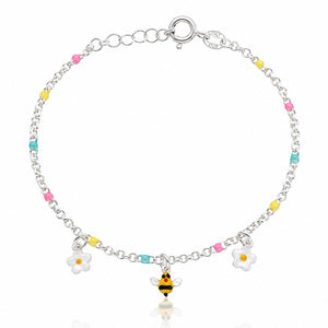 PULSERA NIÑA PLATA 925MM MARGARITAS + ABEJA + BOLAS ESMALTADAS