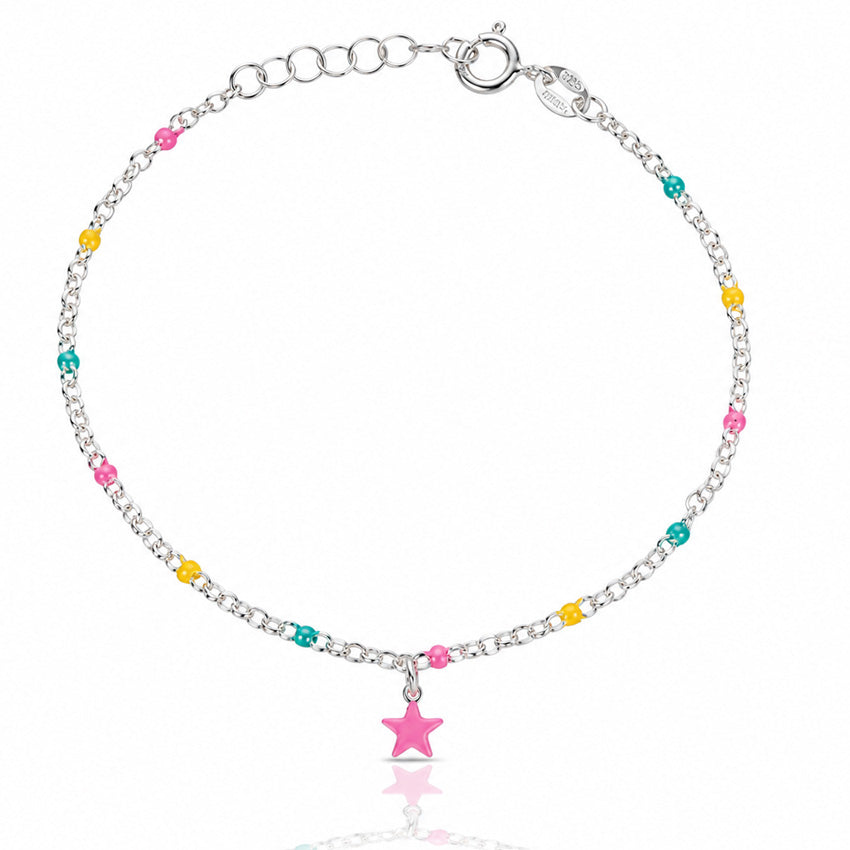 PULSERA NIÑA PLATA 925MM ESTRELLA ROSA + BOLAS ESMALTADAS