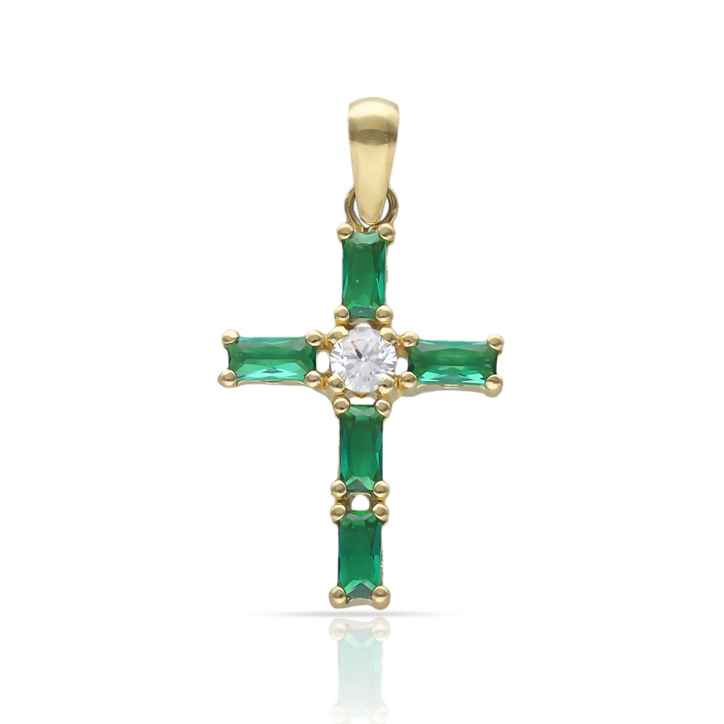 CRUZ ORO 18KL PIEDRAS VERDES + CIRCONITAS - 13x18MM