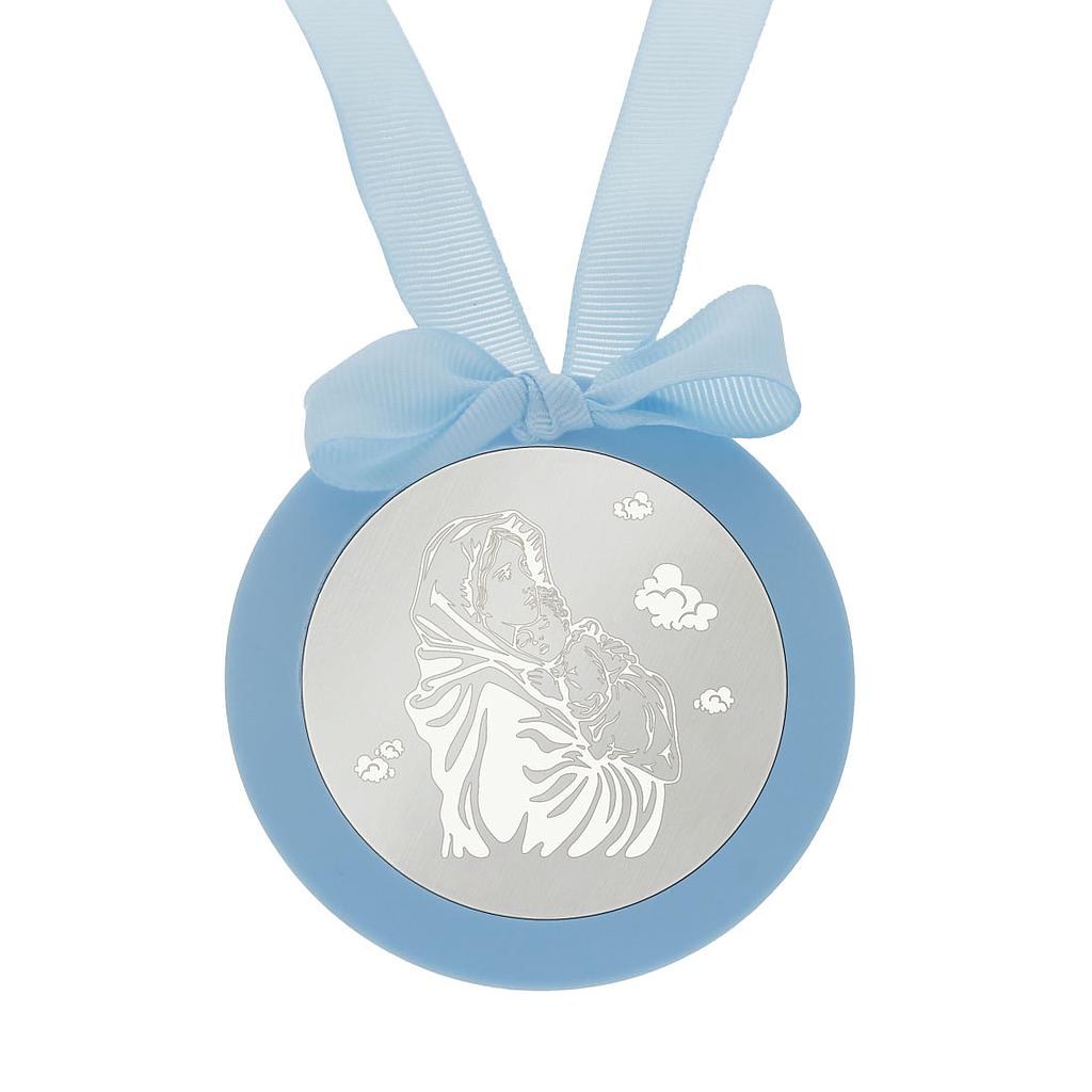 MEDALLA CUNA PLATA 925MM REDONDA VIRGEN Y NIÑO