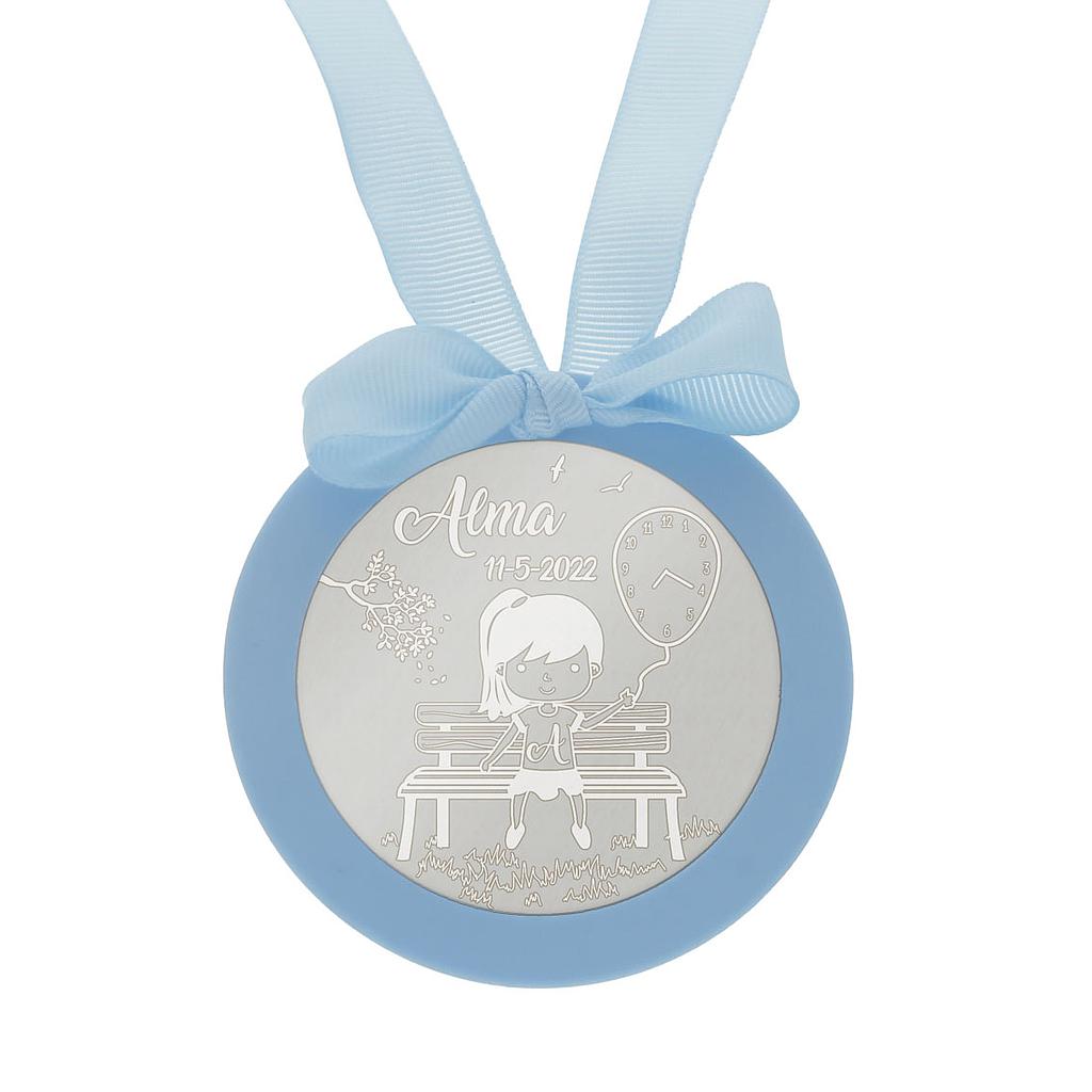 MEDALLA CUNA PLATA 925MM REDONDA NIÑA + GLOBO