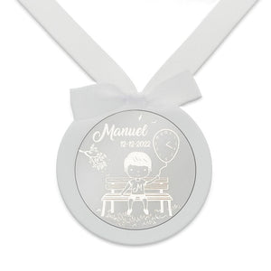 MEDALLA CUNA PLATA 925MM REDONDA NIÑO + GLOBO
