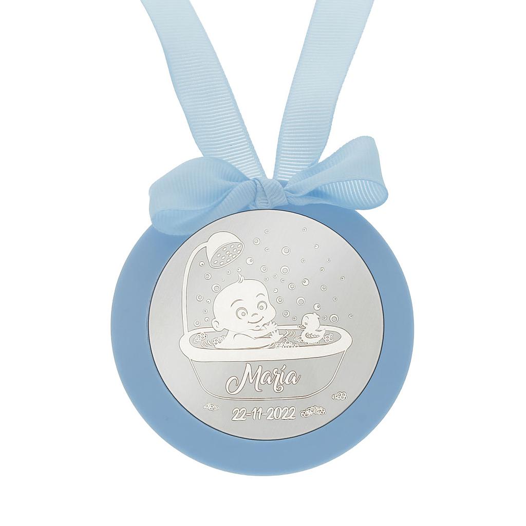 MEDALLA CUNA PLATA 925MM REDONDA BEBE + BAÑERA