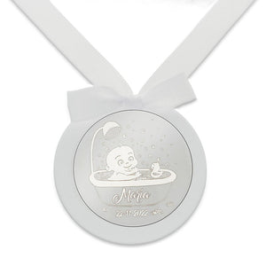 MEDALLA CUNA PLATA 925MM REDONDA BEBE + BAÑERA