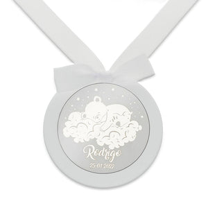 MEDALLA CUNA PLATA 925MM REDONDA OSO + NUBES