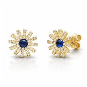PENDIENTES ORO 18KL FLOR + CIRCONITAS + PIEDRAS AZULES