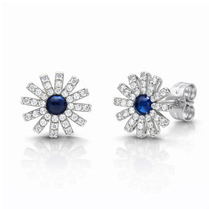 PENDIENTES ORO BLANCO 18KL FLOR + CIRCONITAS + PIEDRAS AZULES