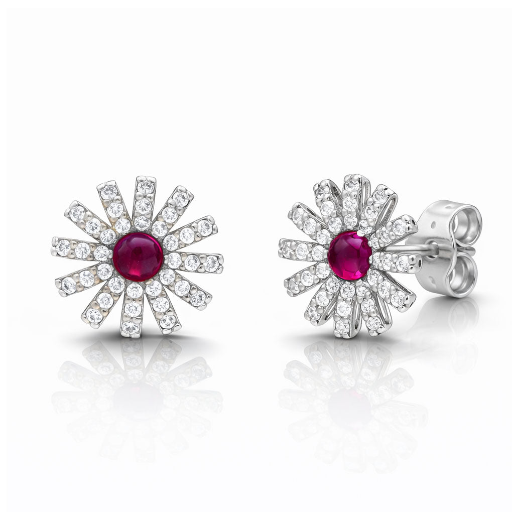 PENDIENTES ORO BLANCO 18KL FLOR + CIRCONITAS + PIEDRAS ROJAS