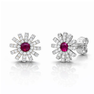 PENDIENTES ORO BLANCO 18KL FLOR + CIRCONITAS + PIEDRAS ROJAS