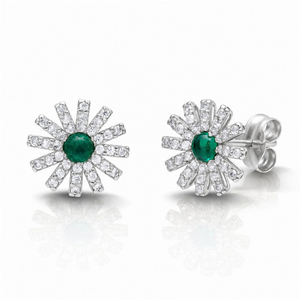 PENDIENTES ORO BLANCO 18KL FLOR + CIRCONITAS + PIEDRAS VERDES