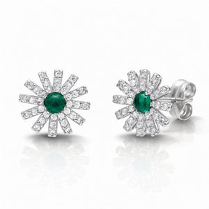 PENDIENTES ORO BLANCO 18KL FLOR + CIRCONITAS + PIEDRAS VERDES