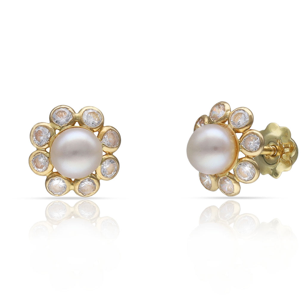 PENDIENTES ORO 18KL PERLA + CIRCONITAS - 8MM