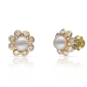 PENDIENTES ORO 18KL PERLA + CIRCONITAS - 8MM