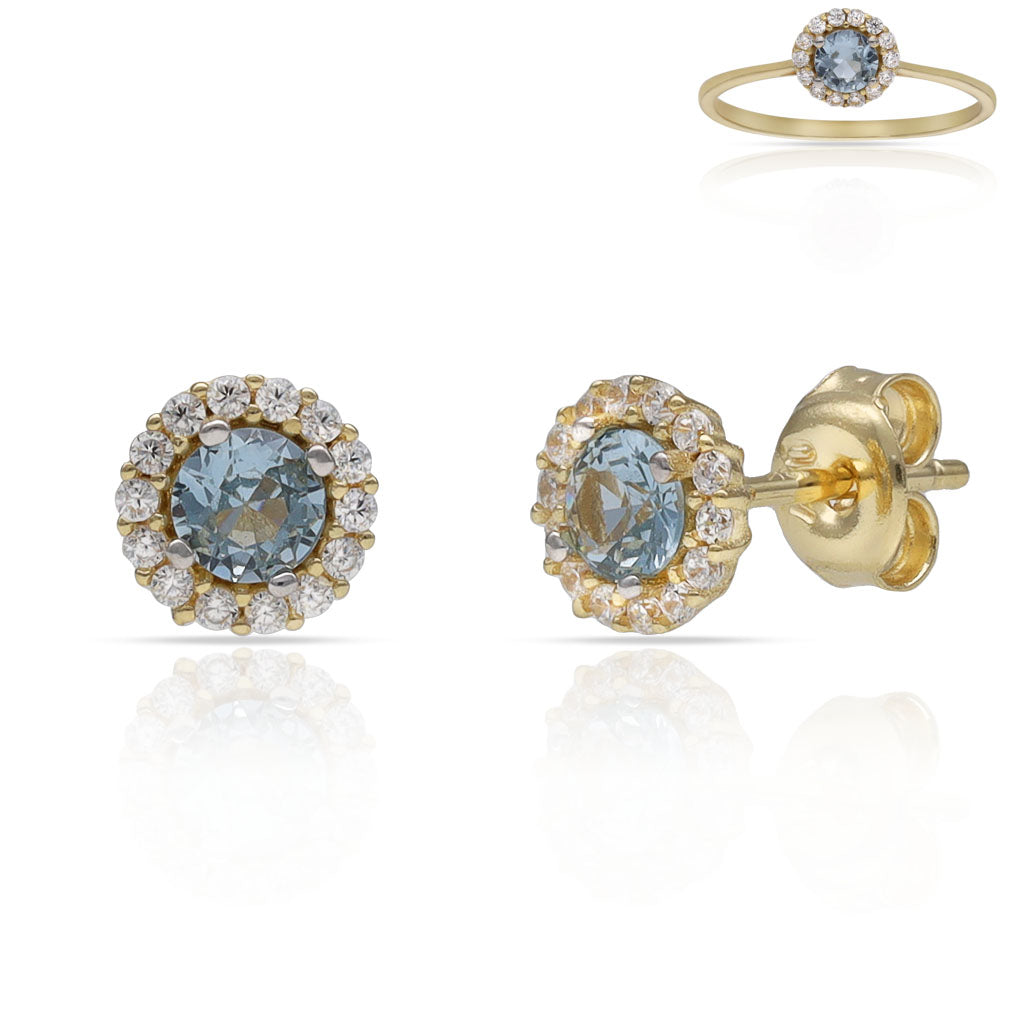 PENDIENTES ORO 18KL CERCO CIRCONITAS + PIEDRA AGUA - 6MM