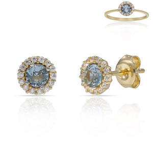 PENDIENTES ORO 18KL CERCO CIRCONITAS + PIEDRA AGUA - 6MM