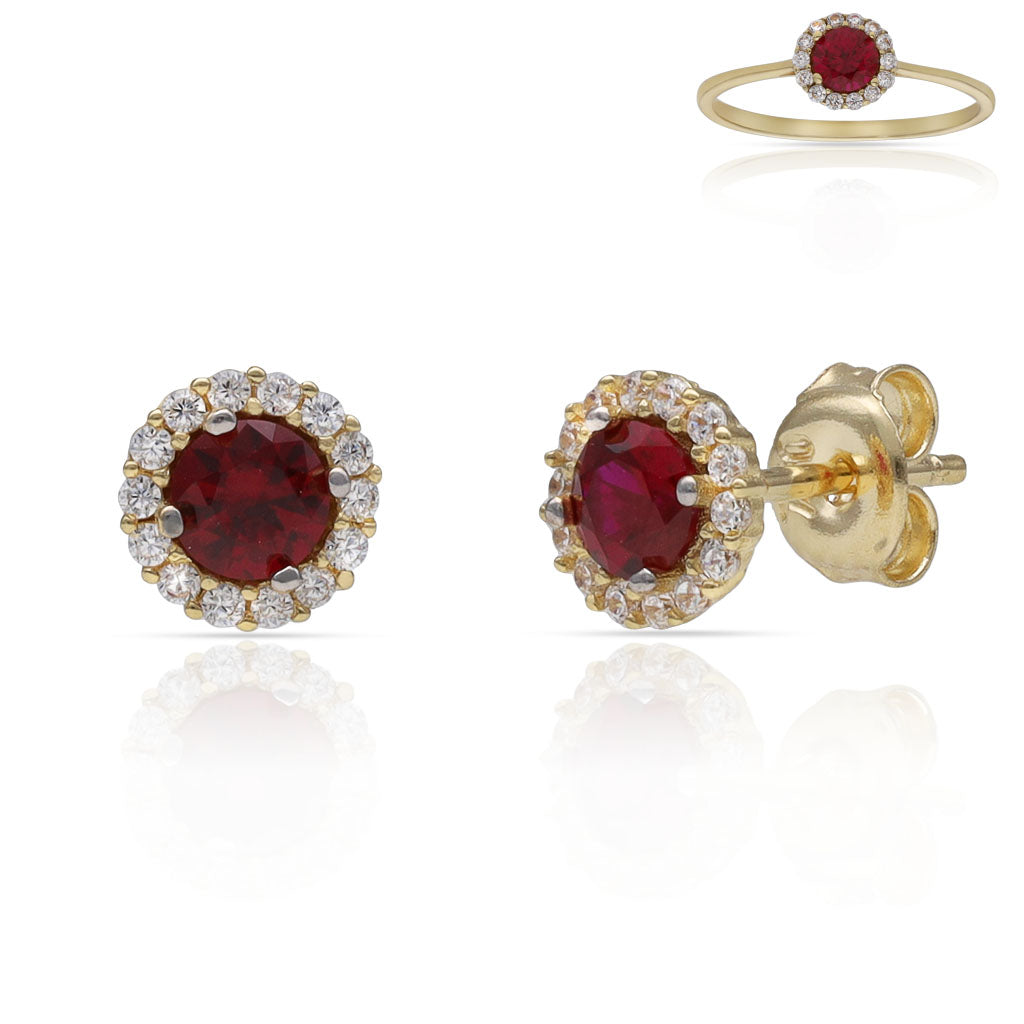 PENDIENTES ORO 18KL CERCO CIRCONITAS + PIEDRA ROJA - 6MM