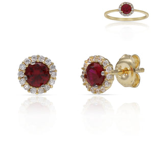 PENDIENTES ORO 18KL CERCO CIRCONITAS + PIEDRA ROJA - 6MM