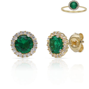 PENDIENTES ORO 18KL CERCO CIRCONITAS + PIEDRA VERDE - 7MM