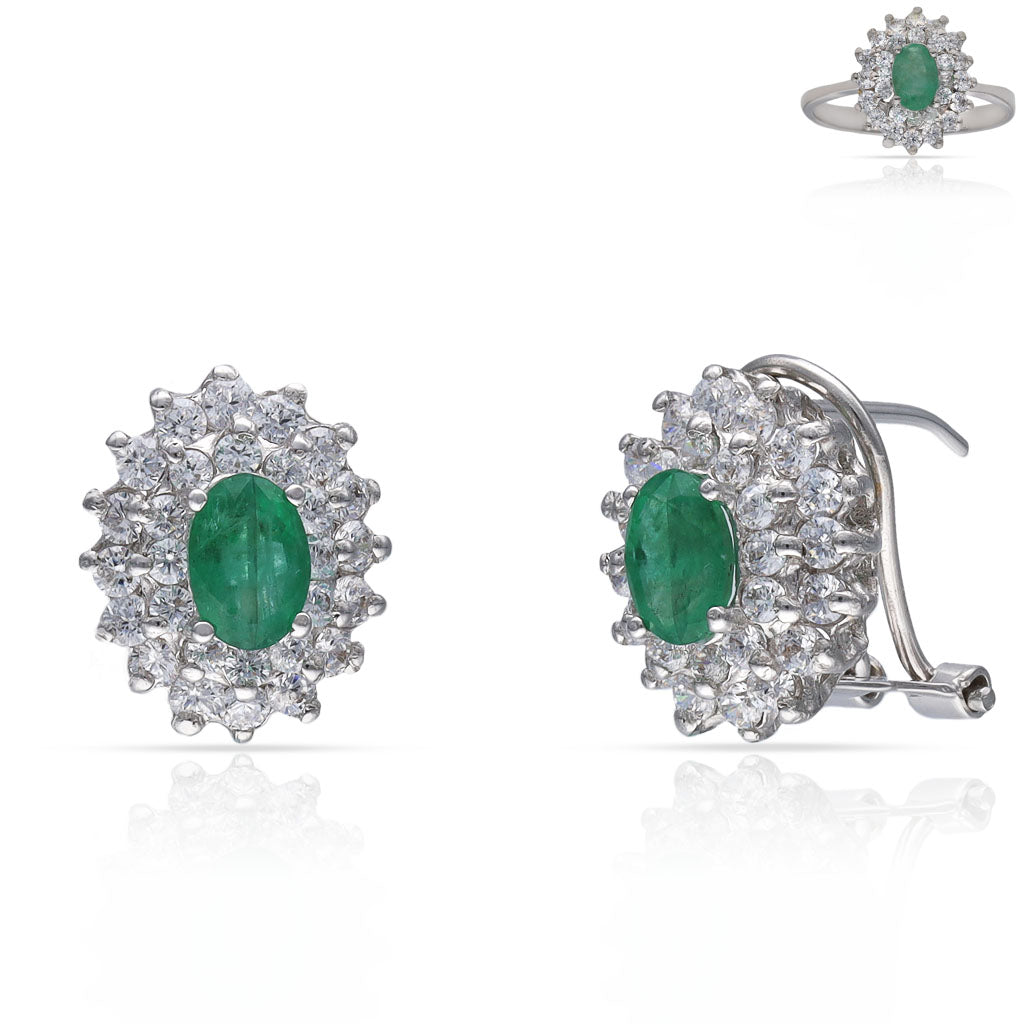 PENDIENTES ORO BLANCO 18KL ESMERALDAS + CIRCONITAS