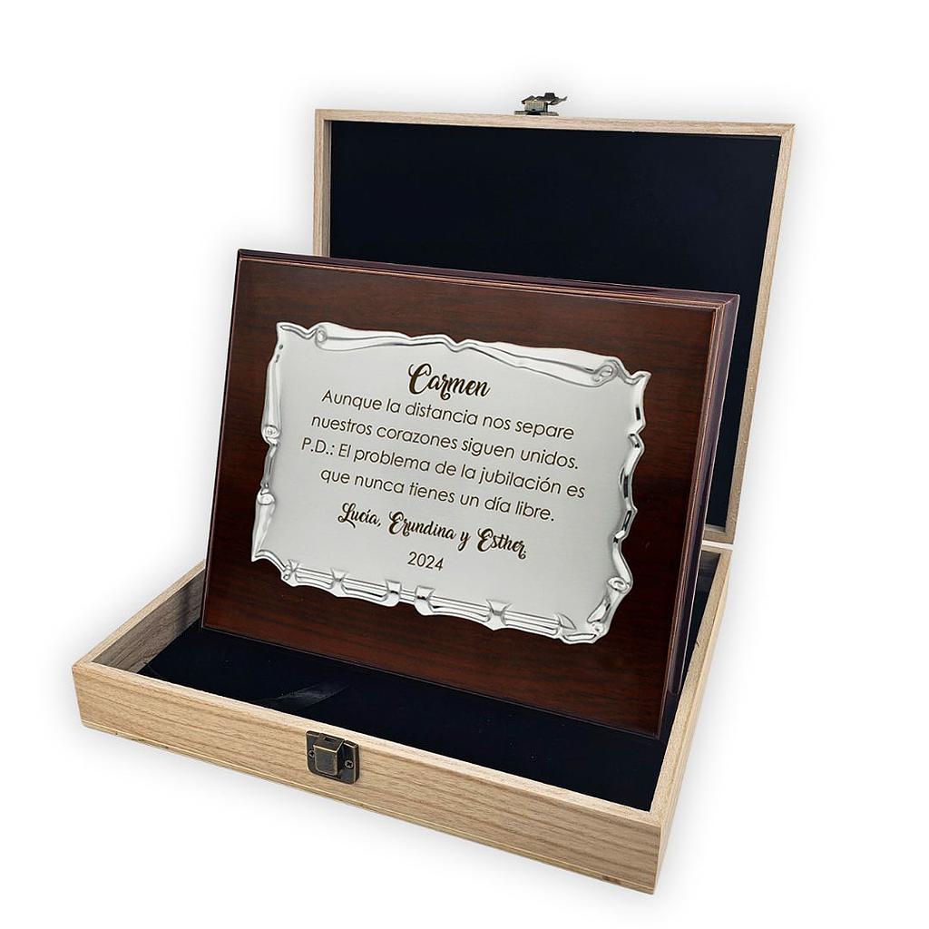PLACA HOMENAJE METAL PLATEADO 26X21CM - 19X13CM