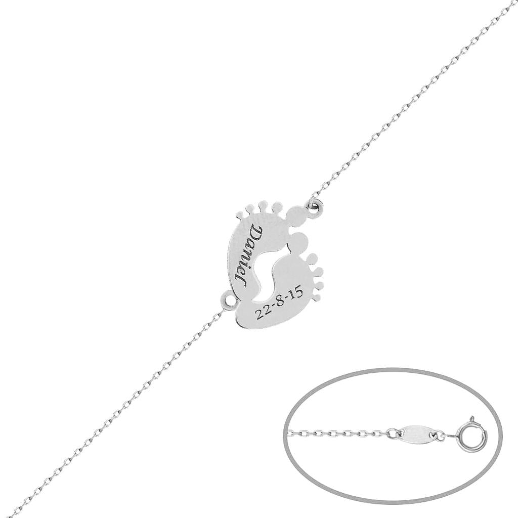 PULSERA ORO BLANCO 18KL PIES BEBE NOMBRE + FECHA