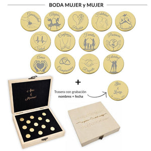 ARRAS PERSONALIZADAS BODA MUJER + MUJER · ACERO DORADO + ESTUCHE MADERA
