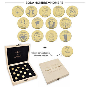 ARRAS PERSONALIZADAS BODA HOMBRE + HOMBRE · ACERO DORADO + ESTUCHE MADERA
