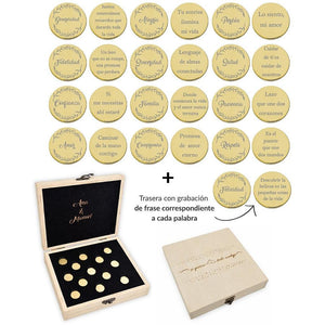 ARRAS PERSONALIZADAS PALABRA + FRASE ACERO DORADO + ESTUCHE MADERA