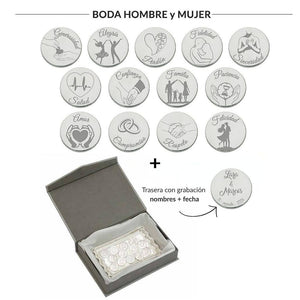 ARRAS PERSONALIZADAS BODA HOMBRE + MUJER · ACERO PLATEADO + BANDEJA + ESTUCHE